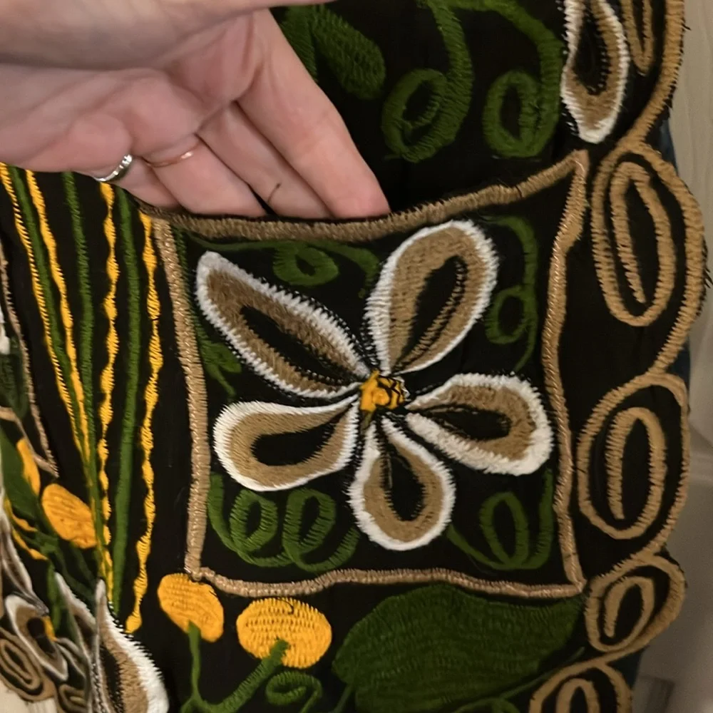 Bohemian Embroidered Green Gold Tan Black Floral Colorful Boho Apron